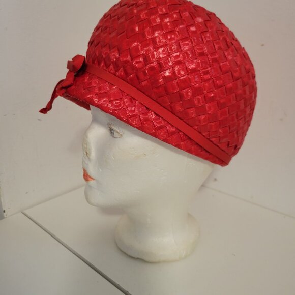 Vintage Red Raffia Woven 1950's Bubble Hat - Picture 3 of 5
